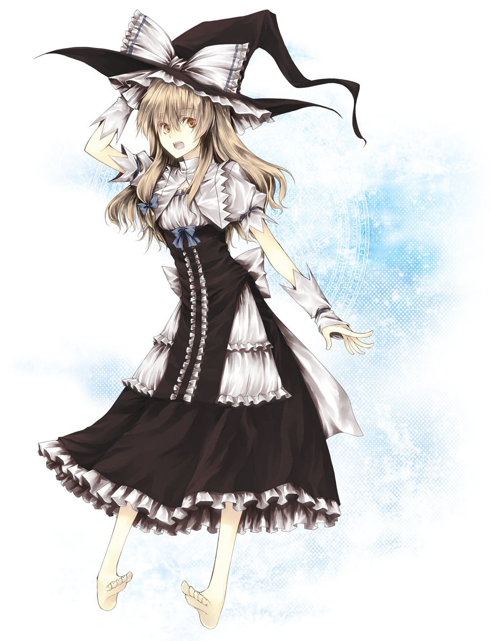 shiren, shiren (monochrome structure), kirisame marisa, curiosities of lotus asia, touhou, bad id, bad pixiv id, highres, 1girl, barefoot, blonde hair, dress, feet, female focus, hair ribbon, hat, long hair, ribbon, smile, solo, witch, witch hat, yellow eyes