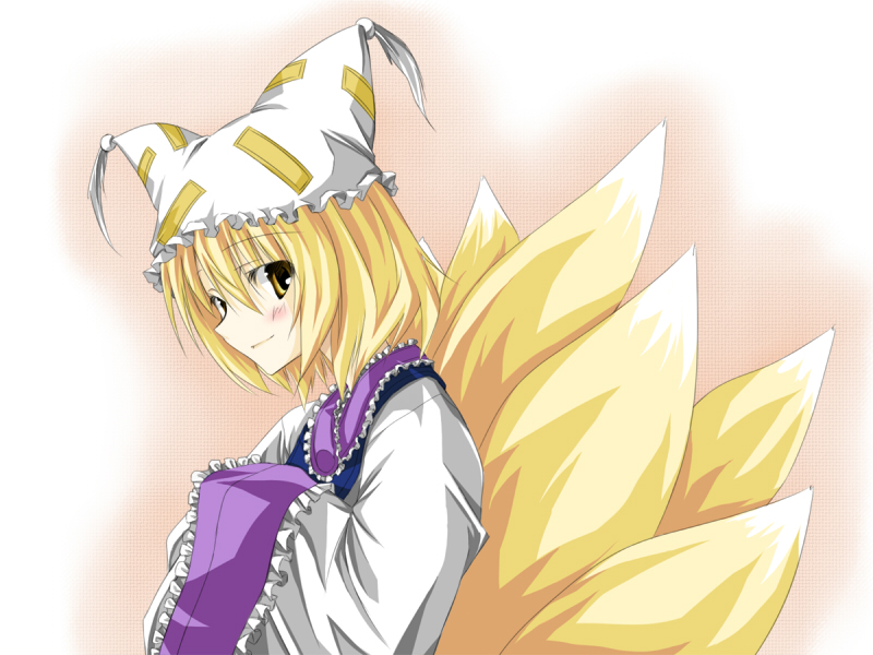 shiren, shiren (monochrome structure), yakumo ran, touhou, bad id, bad pixiv id, 1girl, animal ears, animal hat, blonde hair, blush, female focus, fox ears, fox tail, hands in opposite sleeves, hat, kitsune, kyuubi, long sleeves, mob cap, multiple tails, short hair, smile, solo, tail, tassel, wide sleeves