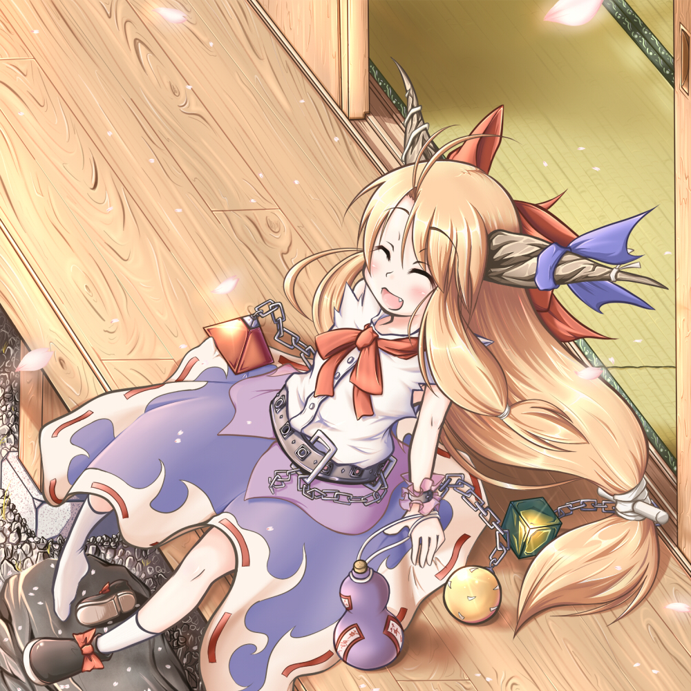 truth and fate, yui (imprinting), ibuki suika, touhou, 1girl, blonde hair, chain, closed eyes, fang, female focus, gourd, happy, horns, long hair, petals, porch, shoes, single shoe, sitting, socks, solo, veranda, wrist cuffs