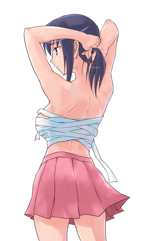 e20, hida sayuri, gokujou seitokai, 00s, 1girl, adjusting hair, armpits, arms up, back, bandages, breasts, female focus, from behind, large breasts, no shirt, ponytail, purple hair, sarashi, skirt, solo