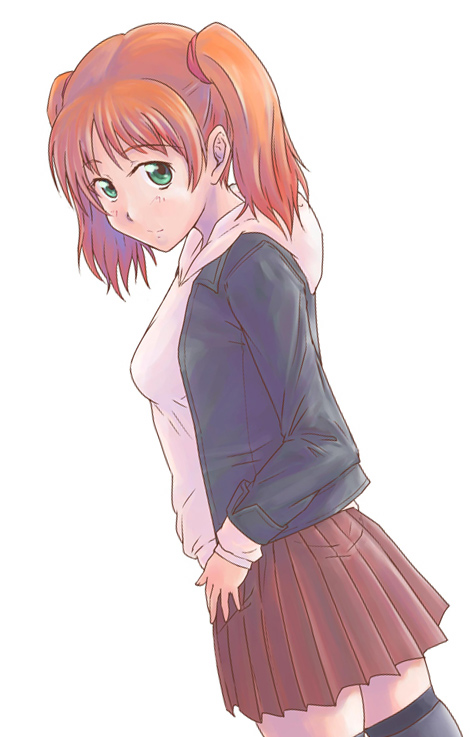 e20, nakano minori, original, 1girl, female focus, green eyes, hood, hoodie, orange hair, simple background, skirt, solo, thighhighs, twintails