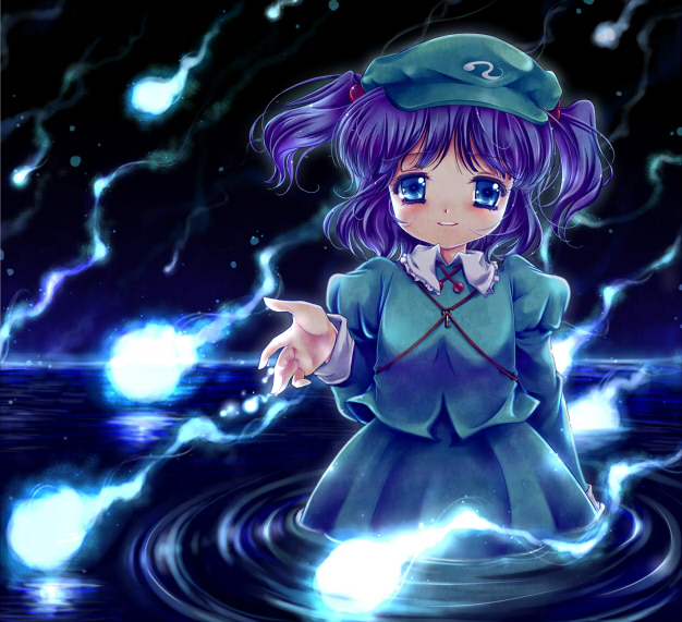 iris (artist), iris anemone, kawashiro nitori, touhou, 1girl, blue eyes, blue hair, female focus, ghost, hair bobbles, hair ornament, hat, key, matching hair/eyes, short hair, solo, twintails, two side up, wading, water