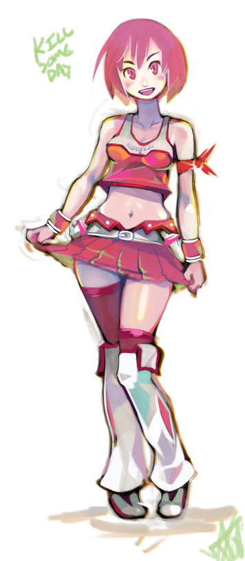 nyah, woofycakes, beatmania iidx, beatmania iidx 16 empress, bemani, original, 1girl, female focus, kneehighs, miniskirt, nyah (beatmania iidx), red hair, skirt, socks, solo, thighhighs