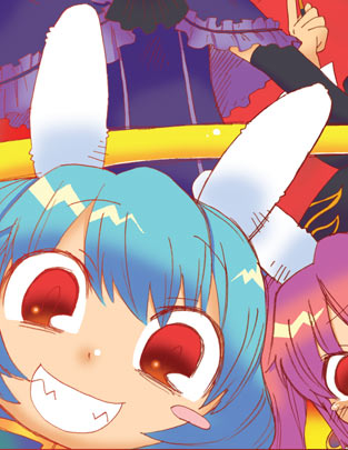 beatrice (umineko), chiester410, chiester45, chiester sisters, eva beatrice, umineko no naku koro ni, lowres, 00s, 2girls, animal ears, blue hair, chibi, crazy eyes, grin, multiple girls, pink hair, purple hair, rabbit ears, red eyes, short hair, smile