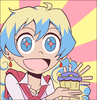 captainosaka, nia teppelin, double k, tengen toppa gurren lagann, lowres, + +, 00s, :d, candle, cupcake, earrings, food, jewelry, multicolored hair, open mouth, smile, sunburst