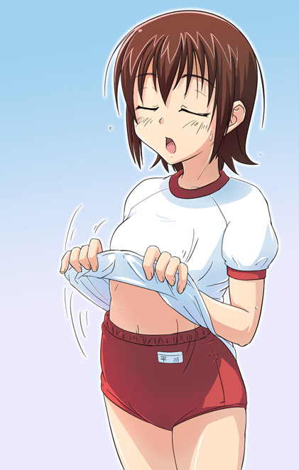e20, brown hair, closed eyes, clothes lift, gym uniform, hot, shirt lift, short hair, solo, sweat