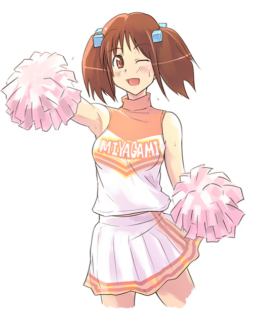 e20, oume ayumu, gokujou seitokai, 00s, 1girl, armpits, bare shoulders, brown eyes, brown hair, cheerleader, cube hair ornament, female focus, hair ornament, one eye closed, skirt, solo, twintails, wink