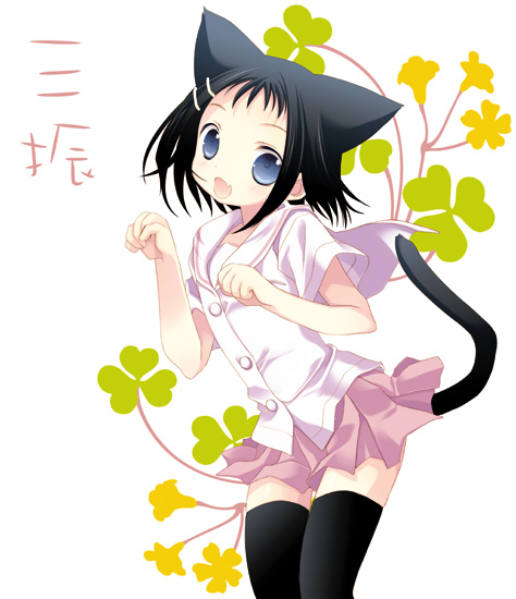 tokumi yuiko, ikeda kana, saki (manga), 00s, 1girl, animal ears, cat ears, fang, female focus, one eye closed, paw pose, school uniform, serafuku, solo, thighhighs, wink