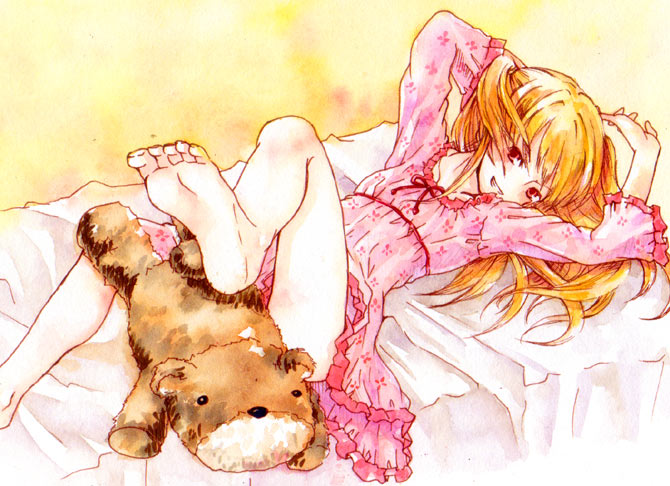 unigon (kitsutsuki), shidou mariya, maria holic, 00s, 1boy, barefoot, bed, blonde hair, crossdressing, crossdressing (mtf), feet, lingerie, lying, male focus, nightgown, red eyes, solo, stuffed animal, stuffed toy, teddy bear, trap, underwear