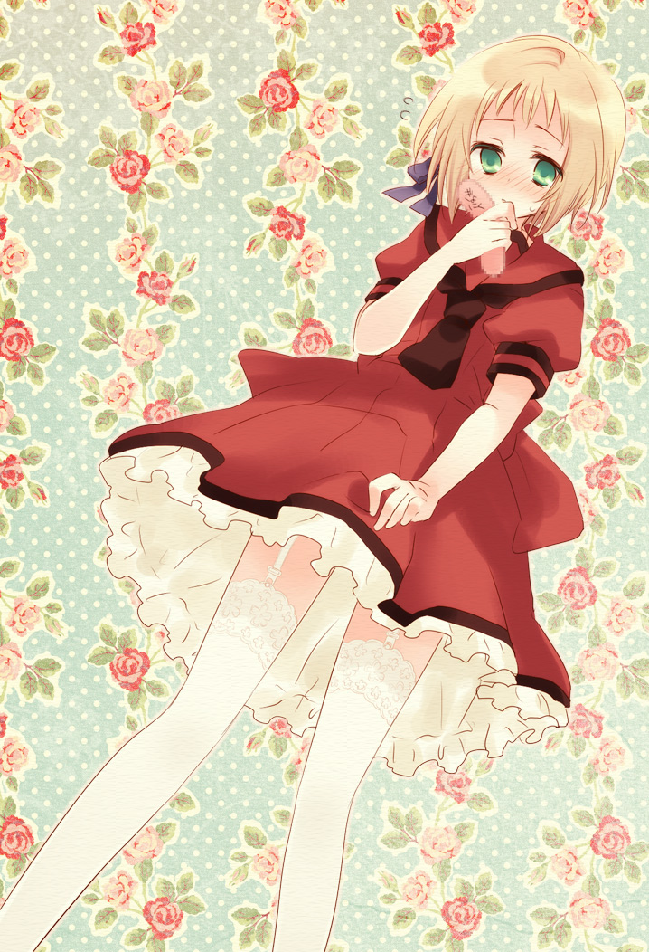 yuuma (omaeno meinichi), liechtenstein (hetalia), axis powers hetalia, lace-trimmed legwear, bad id, bad pixiv id, 00s, 1girl, blonde hair, blush, dress, female focus, floral print, flower, garter straps, green eyes, hair ribbon, lace, lace trim, lingerie, nervous, petticoat, ribbon, rose, sailor collar, sailor dress, short hair, shy, solo, thighhighs, underwear, white thighhighs