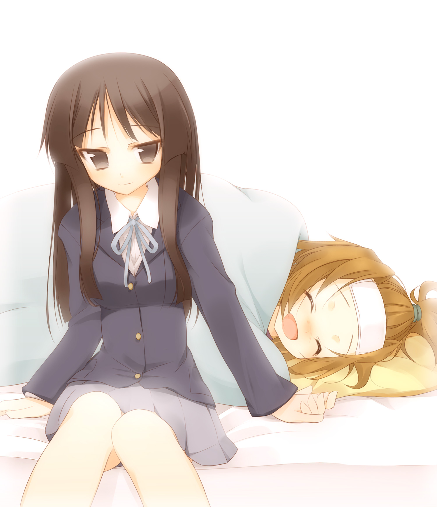 hoppege, akiyama mio, tainaka ritsu, k-on!, highres, 00s, 2girls, black hair, brown hair, closed eyes, cold pack, fever, holding hands, long hair, lying, multiple girls, on side, open mouth, school uniform, short hair, sick, sitting, sleeping, smile