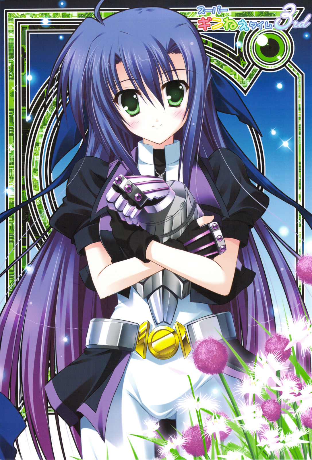 endori, ginga nakajima, revolver knuckle, lyrical nanoha, mahou shoujo lyrical nanoha, mahou shoujo lyrical nanoha strikers, highres, 00s, blush, fingerless gloves, flower, gauntlets, gloves, green eyes, long hair, purple hair, smile, solo, very long hair