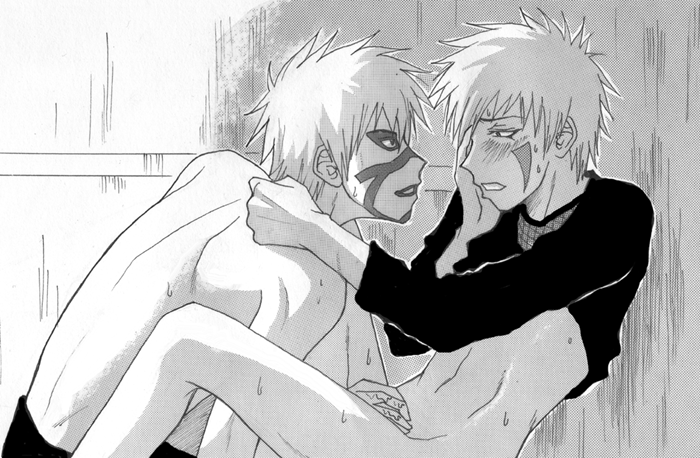 inuzuka kiba, kankuro, naruto (series), naruto, 2boys, blush, bottomless, cum, handjob, monochrome, multiple boys, penis, sand, sweat, topless male, yaoi