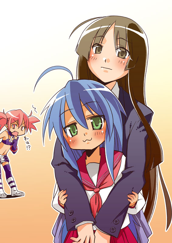 kaeru kenshi, akiyama mio, etna (disgaea), izumi konata, disgaea, k-on!, lucky star, bad id, bad pixiv id, 00s, 3girls, :3, ahoge, blue hair, brown eyes, brown hair, crossover, green eyes, hug, hug from behind, long hair, multiple girls, school uniform, serafuku