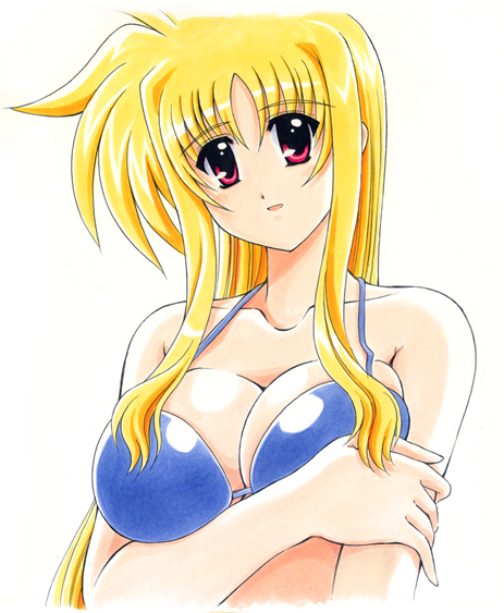 kamogawa tanuki, fate testarossa, lyrical nanoha, mahou shoujo lyrical nanoha, mahou shoujo lyrical nanoha strikers, 00s, 1girl, bikini, bikini top only, blonde hair, blue bikini, breasts, female focus, large breasts, long hair, red eyes, solo, swimsuit