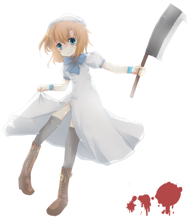 chaka, ryuuguu rena, higurashi no naku koro ni, bad id, bad pixiv id, 00s, 1girl, billhook, blood, blood stain, boots, dress, female focus, hashitsuki nata, hat, hatchet, nata (tool), orange hair, short hair, solo, thighhighs, wristband