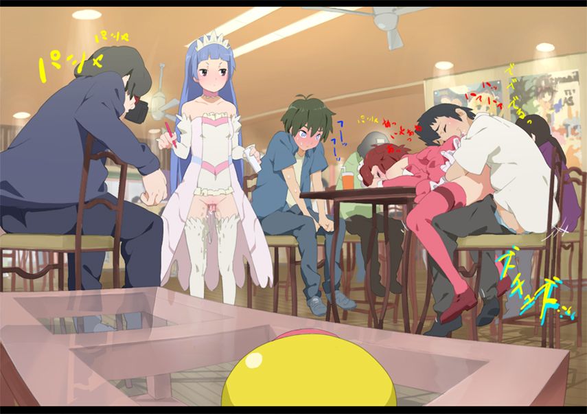 blush, camera, chair, dripping, hand fan, pen, pussy, sex, shoes, table, thighhighs, uncensored, waitress