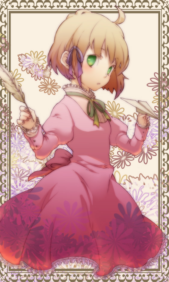 muta0083, nakahara (mu tation), liechtenstein (hetalia), axis powers hetalia, bad id, bad pixiv id, 00s, 1girl, ahoge, blonde hair, dress, feathers, female focus, flat chest, floral print, flower, frills, green eyes, hair ribbon, lingerie, paper airplane, petticoat, ribbon, short hair, solo, underwear