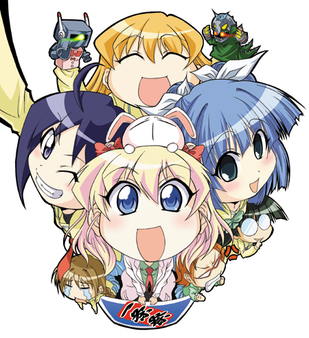 katagiri himeko, mesousa, momose kurumi, rebecca miyamoto, shiratori suzune, suzuki sayaka, tachibana rei, uehara miyako, pani poni dash!, lowres, non-web source, 00s, 6+girls, blue eyes, box, child, closed eyes, fisheye, glasses, grin, hand puppet, multiple girls, open mouth, puppet, rabbit, school uniform, smile, tears, white background