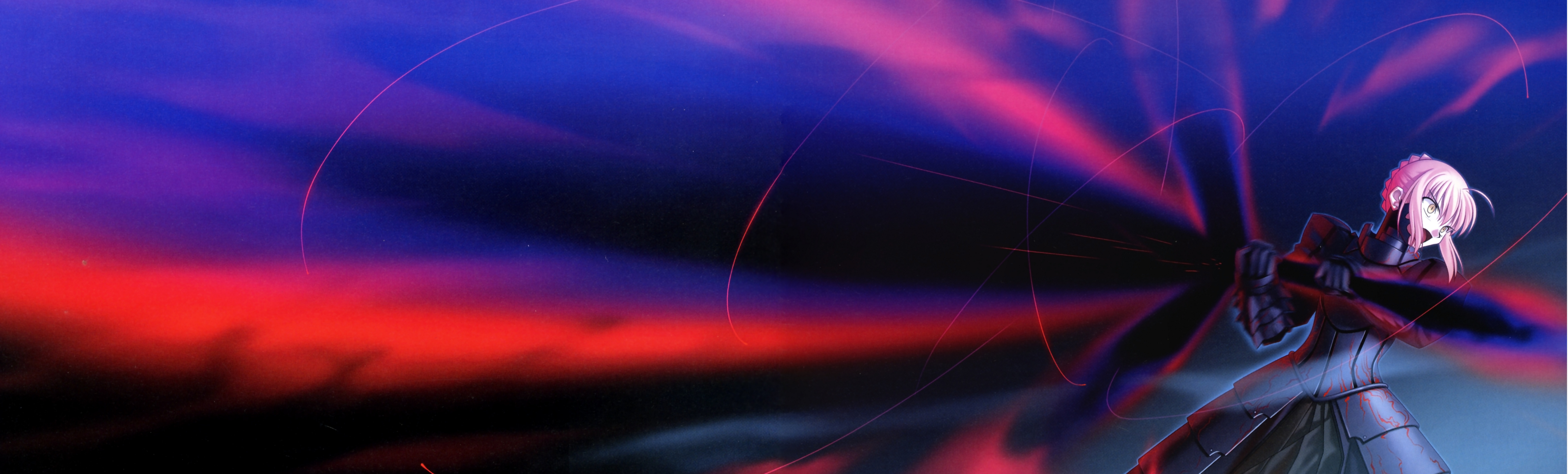 takeuchi takashi, artoria pendragon (fate), saber (fate), saber alter, saber alter (second ascension), fate/stay night, fate (series), absurdres, highres, long image, scan, wide image, 00s, 1girl, ahoge, armor, blonde hair, excalibur (fate/stay night), female focus, solo, sword, weapon, yellow eyes