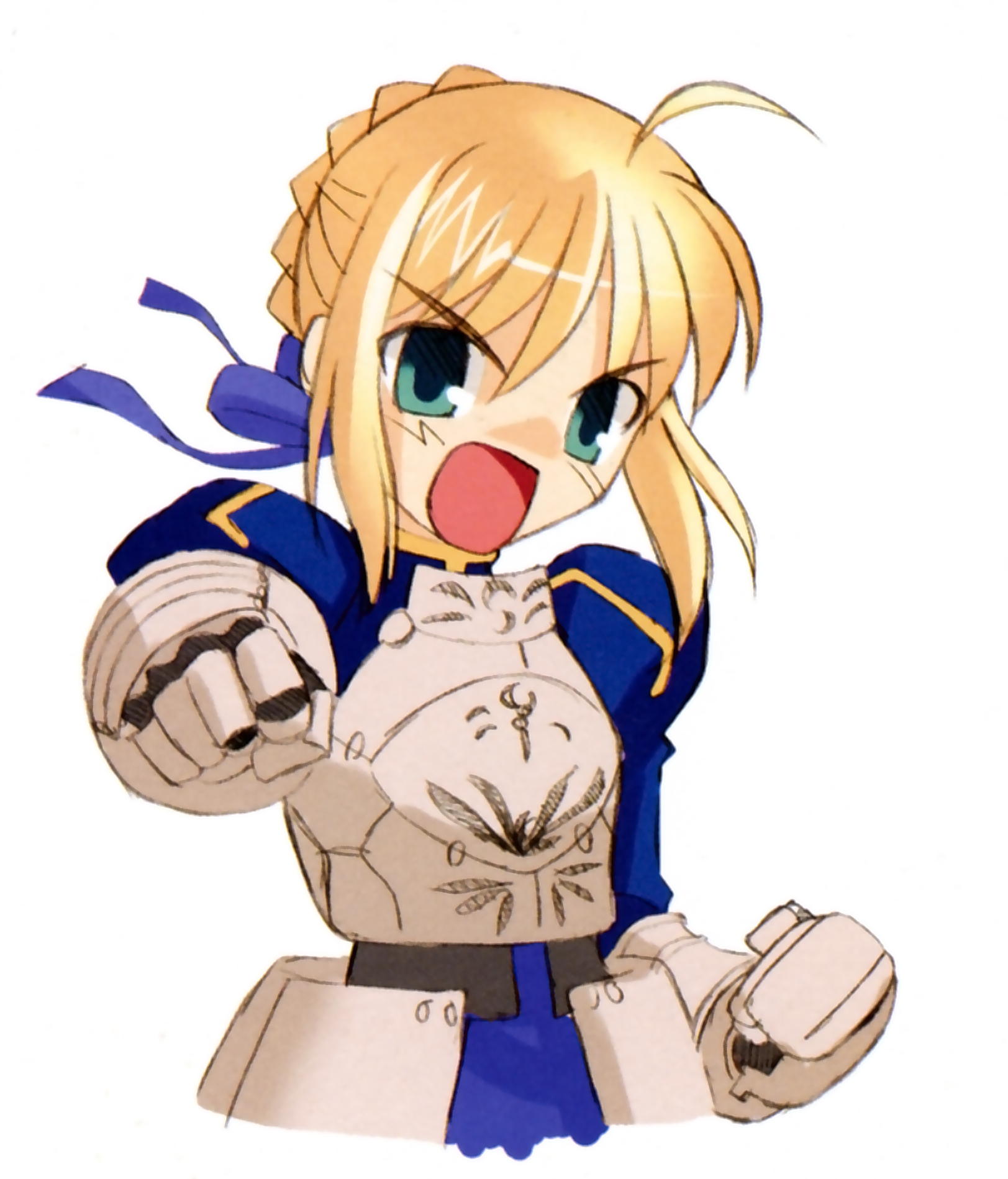 takeuchi takashi, artoria pendragon (fate), saber (fate), fate/stay night, fate (series), highres, scan, 00s, ahoge, armor, blonde hair, chibi, green eyes, hair ribbon, punching, ribbon, solo