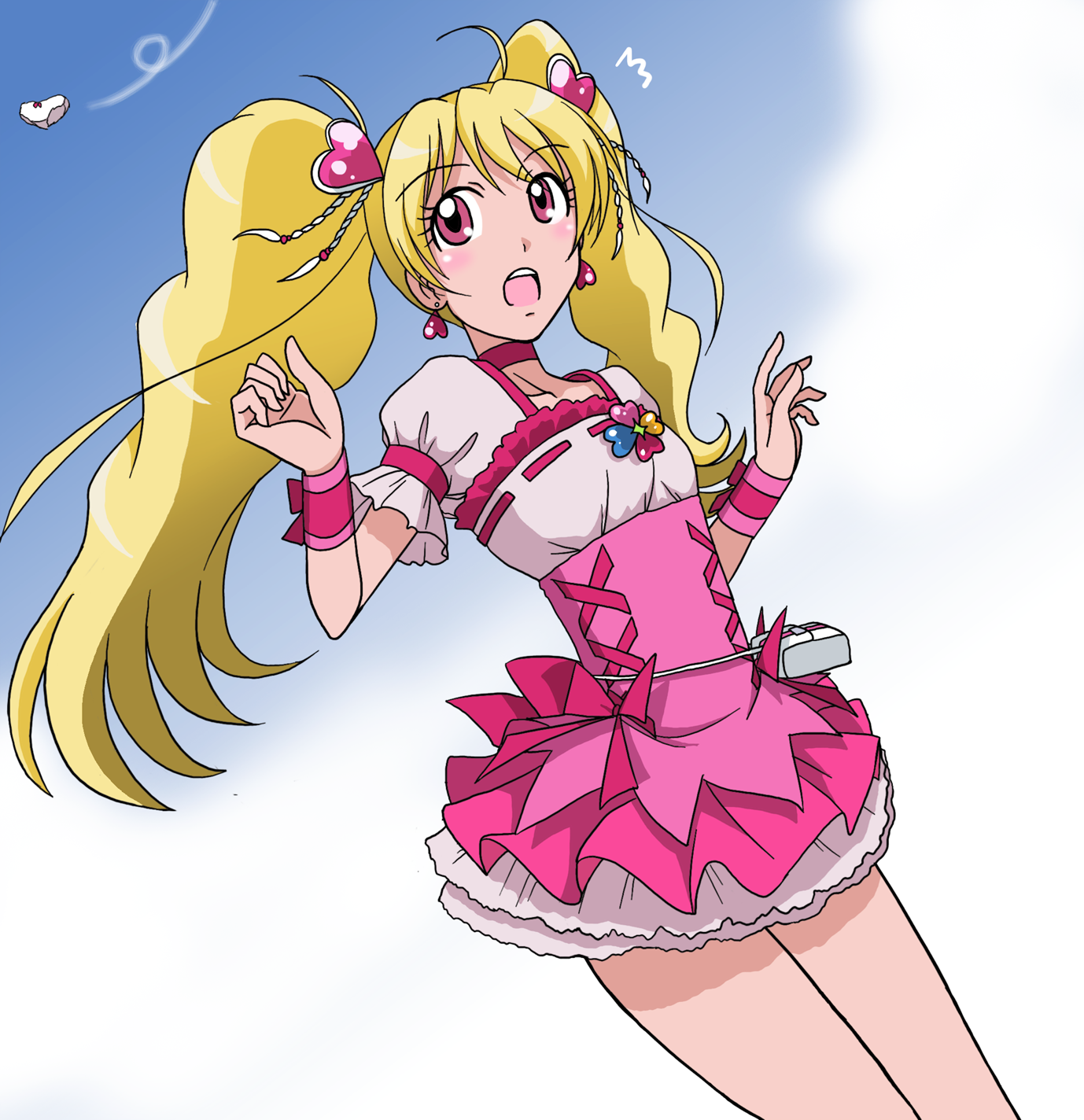 takaya n, cure peach, momozono love, fresh precure!, precure, highres, 00s, 1girl, blonde hair, bow, choker, day, earrings, eyelashes, female focus, hair ornament, heart, heart hair ornament, jewelry, long hair, magical girl, no panties, panties, pink bow, pink eyes, sky, solo, twintails, underwear