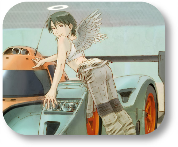 aaru sentou shuudan, kana, kana (haibane renmei), haibane renmei, 00s, 1girl, black hair, car, female focus, halo, le mans prototype, motor vehicle, race vehicle, racecar, racing suit, rounded corners, short hair, solo, sports bra, tomboy, traditional halo, wings