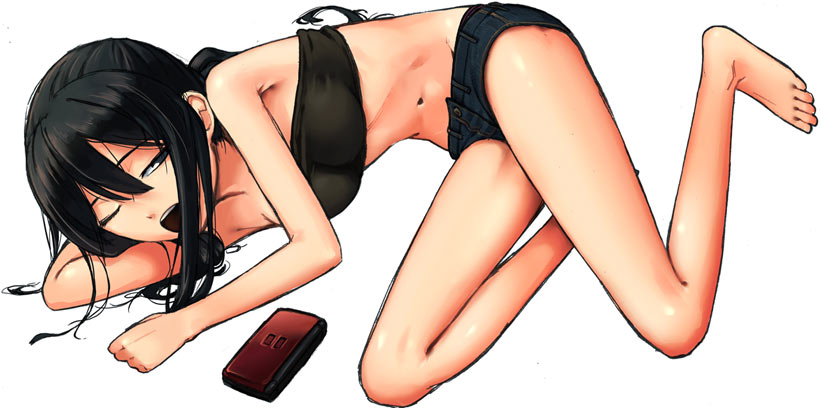 itsutsu, original, bad id, bad pixiv id, 1girl, bandeau, barefoot, black hair, feet, female focus, handheld game console, lying, nintendo ds, on side, one eye closed, open mouth, short shorts, shorts, solo, strapless, tube top, wink, yawning