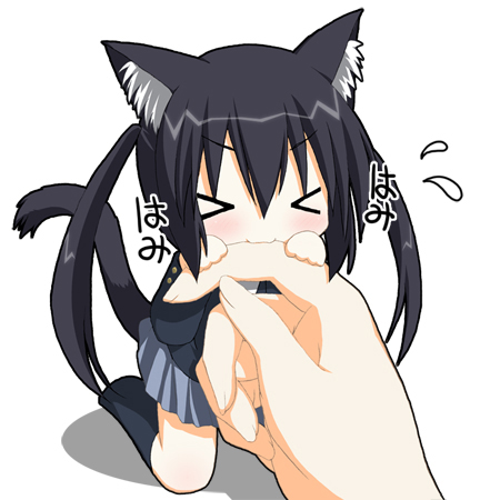 kohinata sora, nakano azusa, k-on!, biting finger, lowres, translated, > <, 00s, 1girl, :3, animal ear fluff, animal ears, biting, blush, cat ears, cat tail, chibi, closed eyes, female focus, kneehighs, long hair, mini person, minigirl, school uniform, skirt, socks, solo, tail, tears, twintails, x3