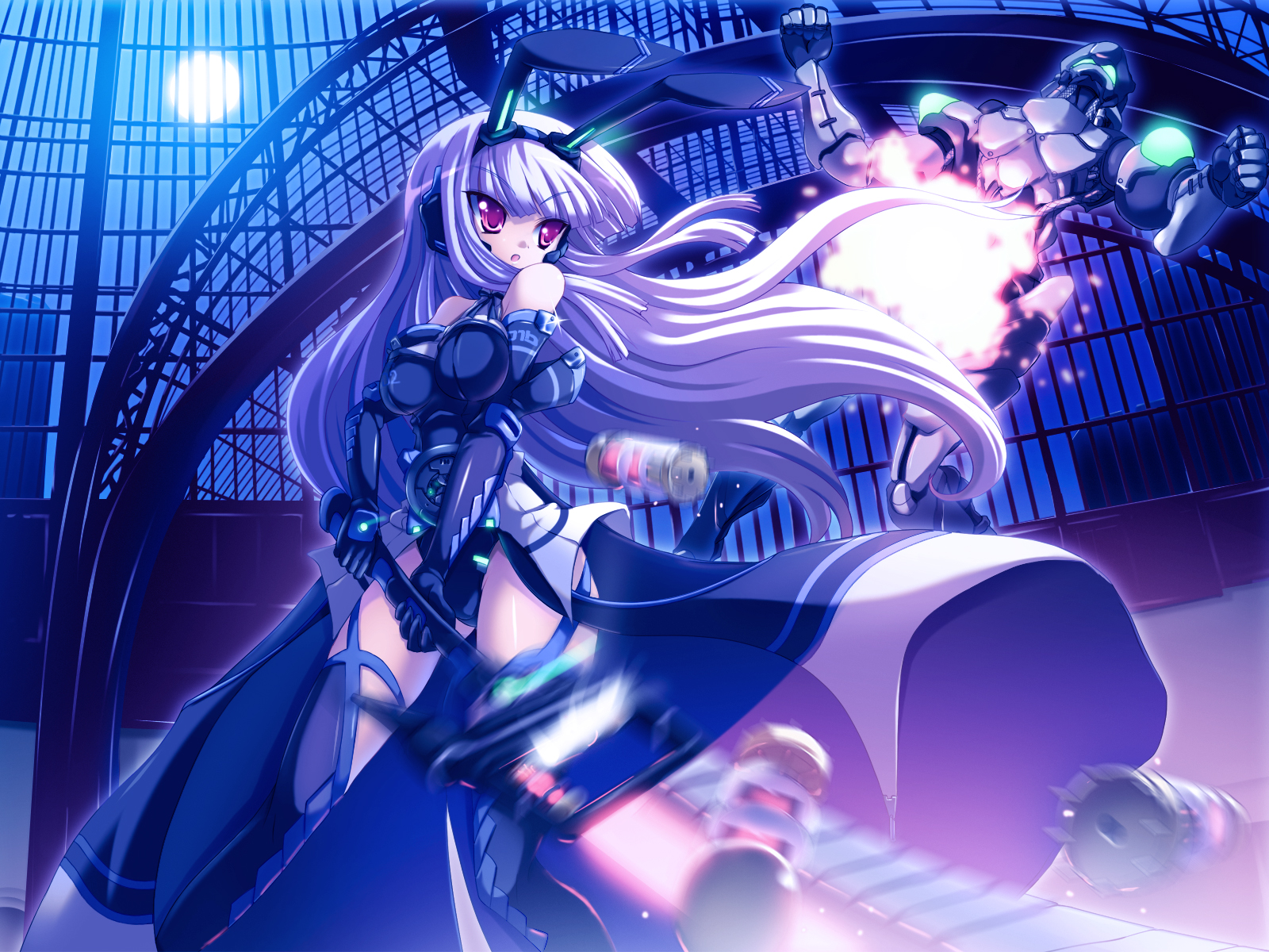 torisan, kuro uso-ko, original, highres, 1girl, animal ears, armor, bare shoulders, battle, blush, elbow gloves, female focus, gloves, high heels, leotard, long hair, moon, motion blur, night, purple hair, rabbit ears, red eyes, robot, shoes, solo, standing, thighhighs, weapon