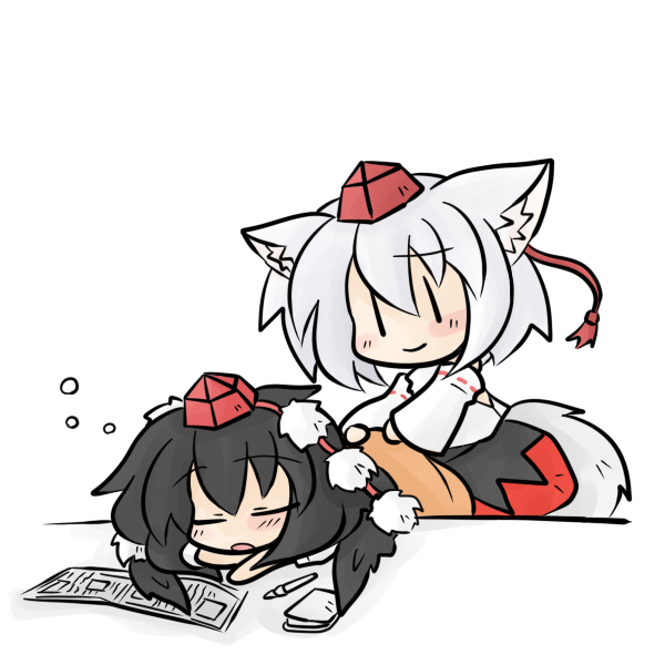 yanagi (nurikoboshi), inubashiri momiji, shameimaru aya, touhou, silver hair, 2girls, animal ears, black hair, blanket, chibi, covering with blanket, female focus, hat, multiple girls, newspaper, simple background, sitting, sleeping, standing, tokin hat, white background, wolf ears, | |