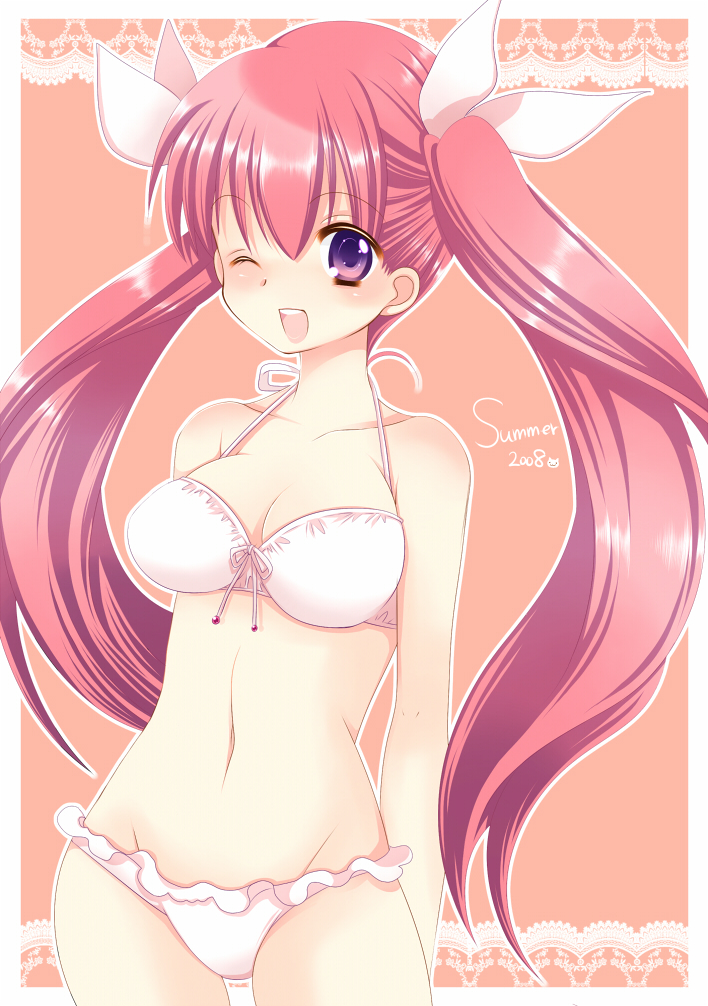 neko (natsuiroclassic), original, 1girl, bikini, breasts, cleavage, female focus, hair ribbon, large breasts, long hair, navel, one eye closed, pink hair, purple eyes, ribbon, smile, solo, summer, swimsuit, twintails, white bikini, wink