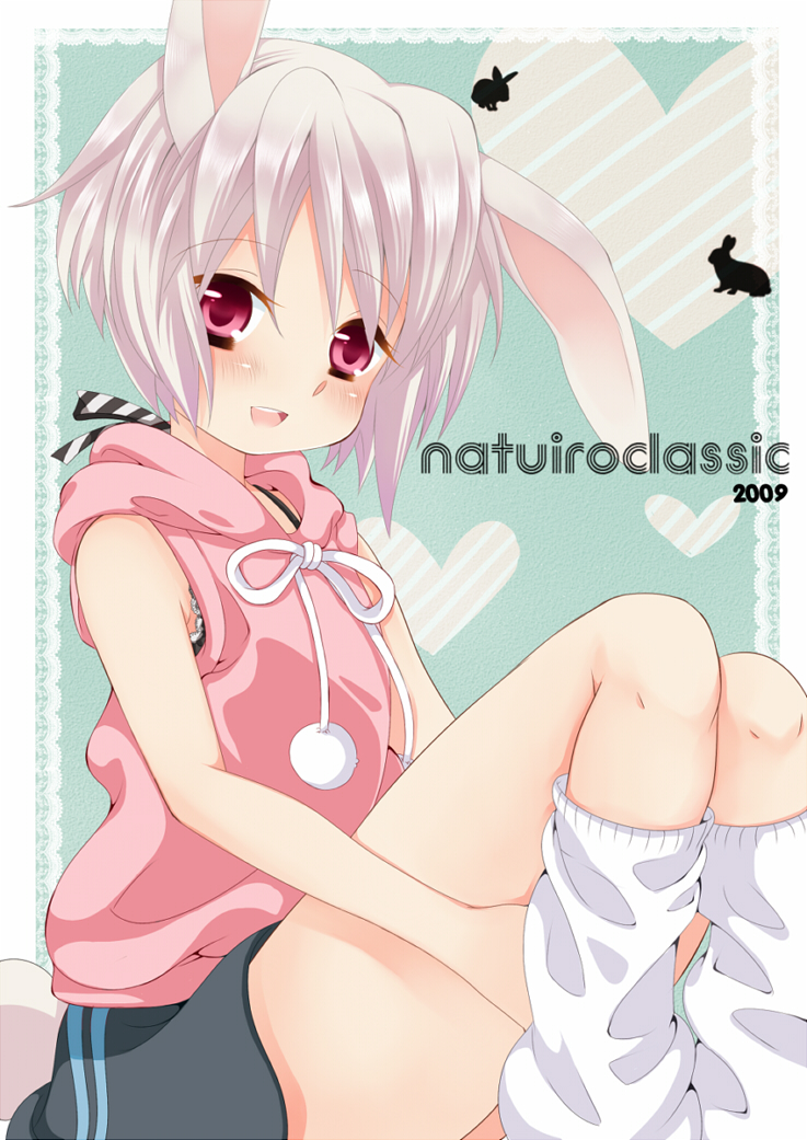 neko (natsuiroclassic), original, 1girl, animal ears, bra, child, female focus, hood, hoodie, kneehighs, lingerie, loose socks, pink eyes, rabbit ears, rabbit tail, short hair, skirt, sleeveless, socks, solo, tail, underwear, white hair