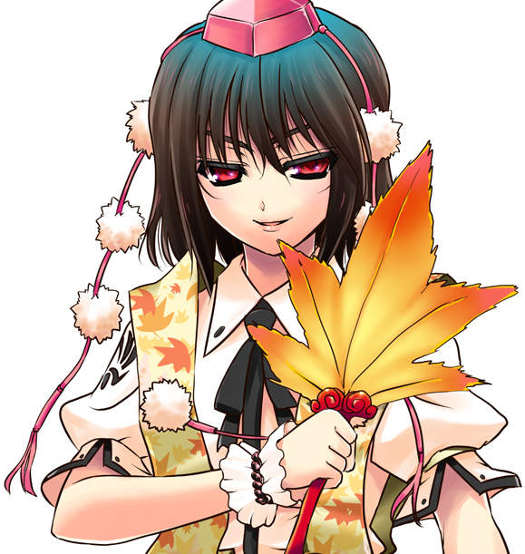 takadoya, shameimaru aya, touhou, 1girl, black hair, bracelet, female focus, hand fan, hat, jewelry, looking at viewer, red eyes, smirk, solo, tokin hat