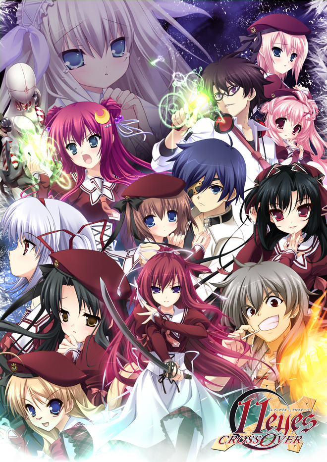 amami shuu, azuma shione, hirohara yukiko, kouno mio, kuroshiba kanae, kusakabe misuzu, minase yuka, momono shiori, momose shiori, natsuki kaori, satsuki kakeru, tachibana kukuri, tajima takahisa, 11eyes, 00s, 3boys, 6+girls, :d, azuma﻿ shione, beret, black hair, blonde hair, blue hair, blush, brown hair, crescent, crescent hair ornament, everyone, expressionless, green eyes, hair ornament, hat, long hair, looking at viewer, multiple boys, multiple girls, open mouth, purple eyes, smile, tareme, very long hair