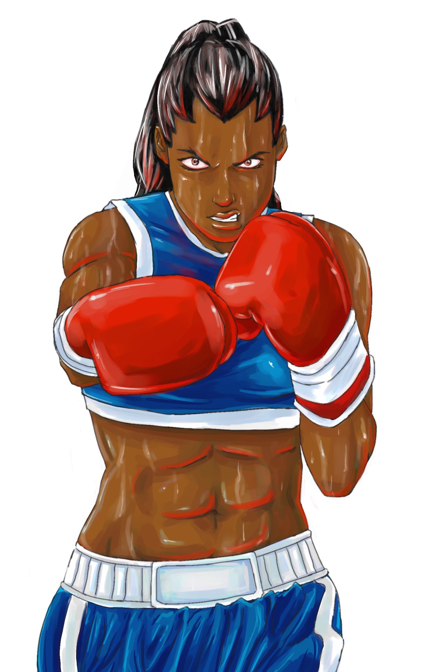 tak3zo, balrog (street fighter), capcom, street fighter, highres, self-upload, 1girl, abs, boxing gloves, female focus, genderswap, genderswap (mtf), solo