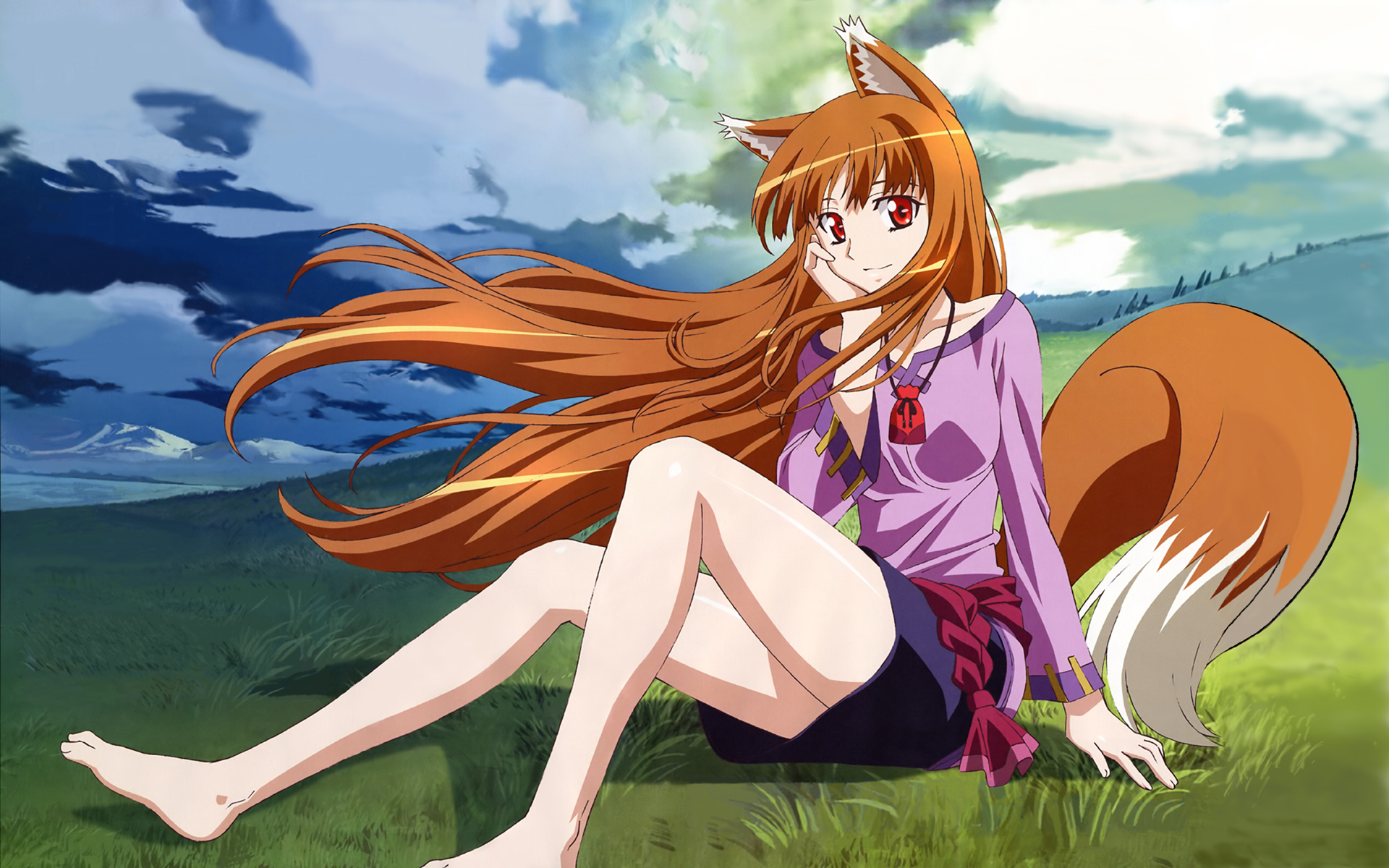 arakawa megumi, holo, spice and wolf, highres, 00s, 1girl, animal ears, barefoot, brown hair, cloud, day, feet, female focus, grass, long hair, outdoors, red eyes, sky, smile, solo, tail, wolf ears, wolf tail