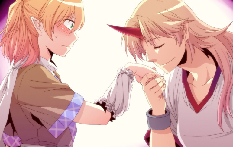 re ghotion, hoshiguma yuugi, mizuhashi parsee, touhou, bad id, bad pixiv id, 2girls, arm warmers, blonde hair, blush, closed eyes, female focus, green eyes, half updo, holding hands, horns, imminent kiss, kiss, kissing hand, long hair, multiple girls, pointy ears, profile, scarf, shirt, short hair, short sleeves, single horn, smile, white shirt, yuri