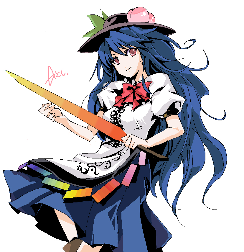 atoshi, hinanawi tenshi, touhou, bad id, bad pixiv id, 1girl, blue hair, female focus, food, fruit, hat, long hair, peach, red eyes, ribbon, simple background, solo, sword, sword of hisou, weapon, white background