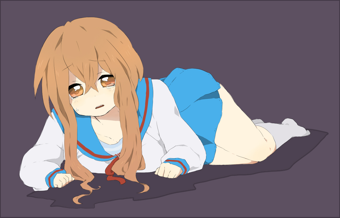 tooi, asahina mikuru, suzumiya haruhi no yuuutsu, bad id, bad pixiv id, 00s, brown eyes, brown hair, long hair, lying, school uniform, serafuku, solo, tears