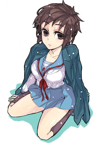 chashibu, kyon, kyonko, suzumiya haruhi no yuuutsu, bad id, bad pixiv id, gender request, 00s, 1girl, alternate hairstyle, breasts, brown eyes, brown hair, cardigan, collarbone, female focus, from above, genderswap, large breasts, looking at viewer, looking up, miniskirt, outdoors, pleated skirt, school uniform, serafuku, short hair, simple background, skirt, snowing, socks, solo, white background