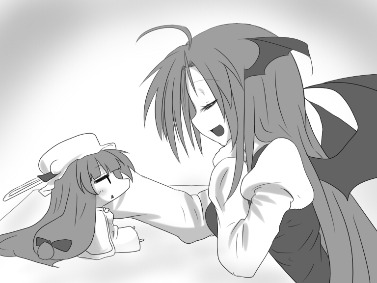 miki purasu, koakuma, patchouli knowledge, embodiment of scarlet devil, touhou, 2girls, :<, :d, bat wings, chibi, female focus, gradient background, greyscale, hat, head wings, mini person, minigirl, monochrome, multiple girls, open mouth, profile, smile, white background, wings