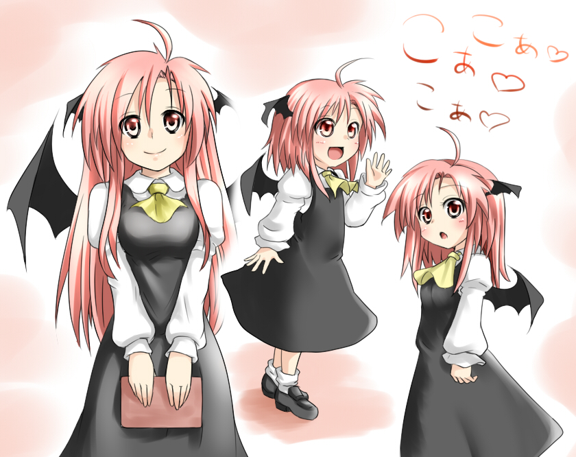 miki purasu, koakuma, embodiment of scarlet devil, touhou, 1girl, age comparison, age progression, aged down, ahoge, bat wings, book, child, female focus, happy, head wings, red eyes, red hair, simple background, smile, wings