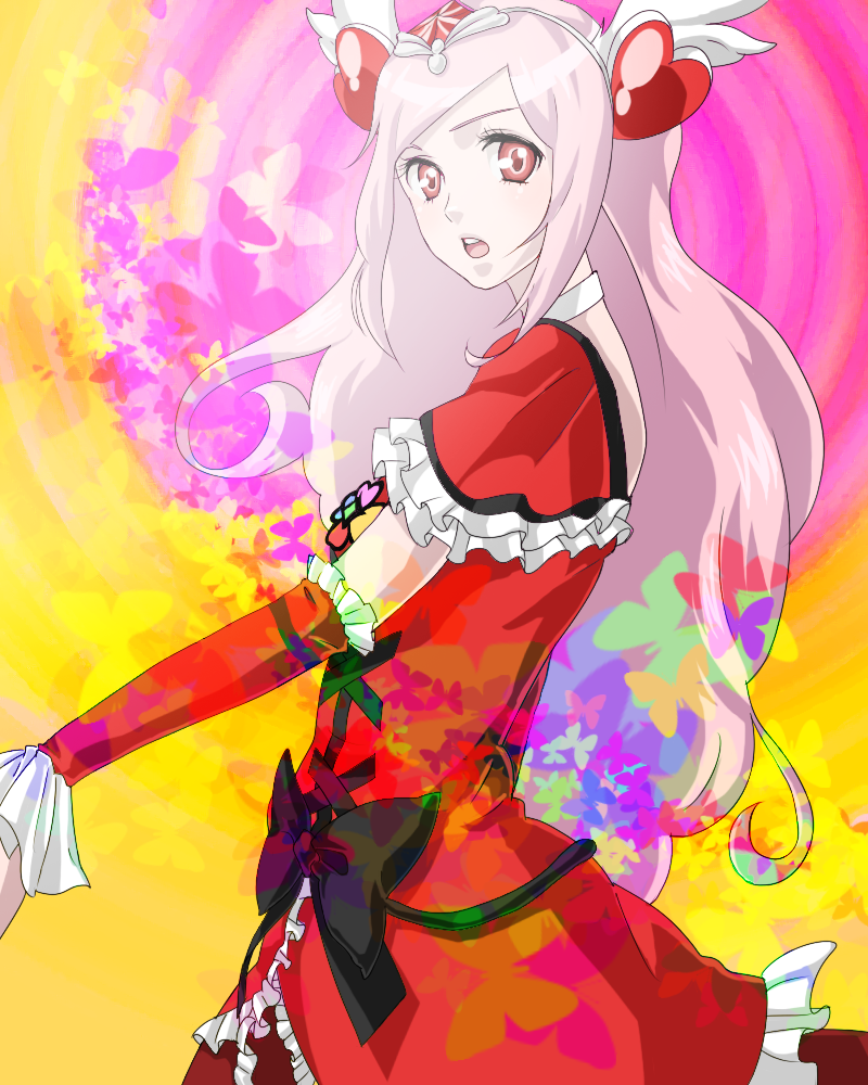 sorao, cure passion, higashi setsuna, fresh precure!, precure, spoilers, 00s, 1girl, bow, bug, butterfly, choker, colorful, dress, eyelashes, female focus, frills, hair ornament, head wings, heart, heart hair ornament, insect, magical girl, pink hair, red dress, red eyes, ribbon, solo, waist bow, white choker, wings