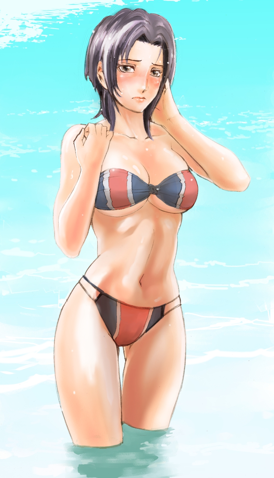 hayadai, catherine o'hara, senjou no valkyria, senjou no valkyria (series), senjou no valkyria 1, bad id, bad pixiv id, highres, 00s, 1girl, bandeau, bikini, black hair, breasts, brown eyes, cleavage, female focus, hu30fbyu30fbd, solo, swimsuit, water