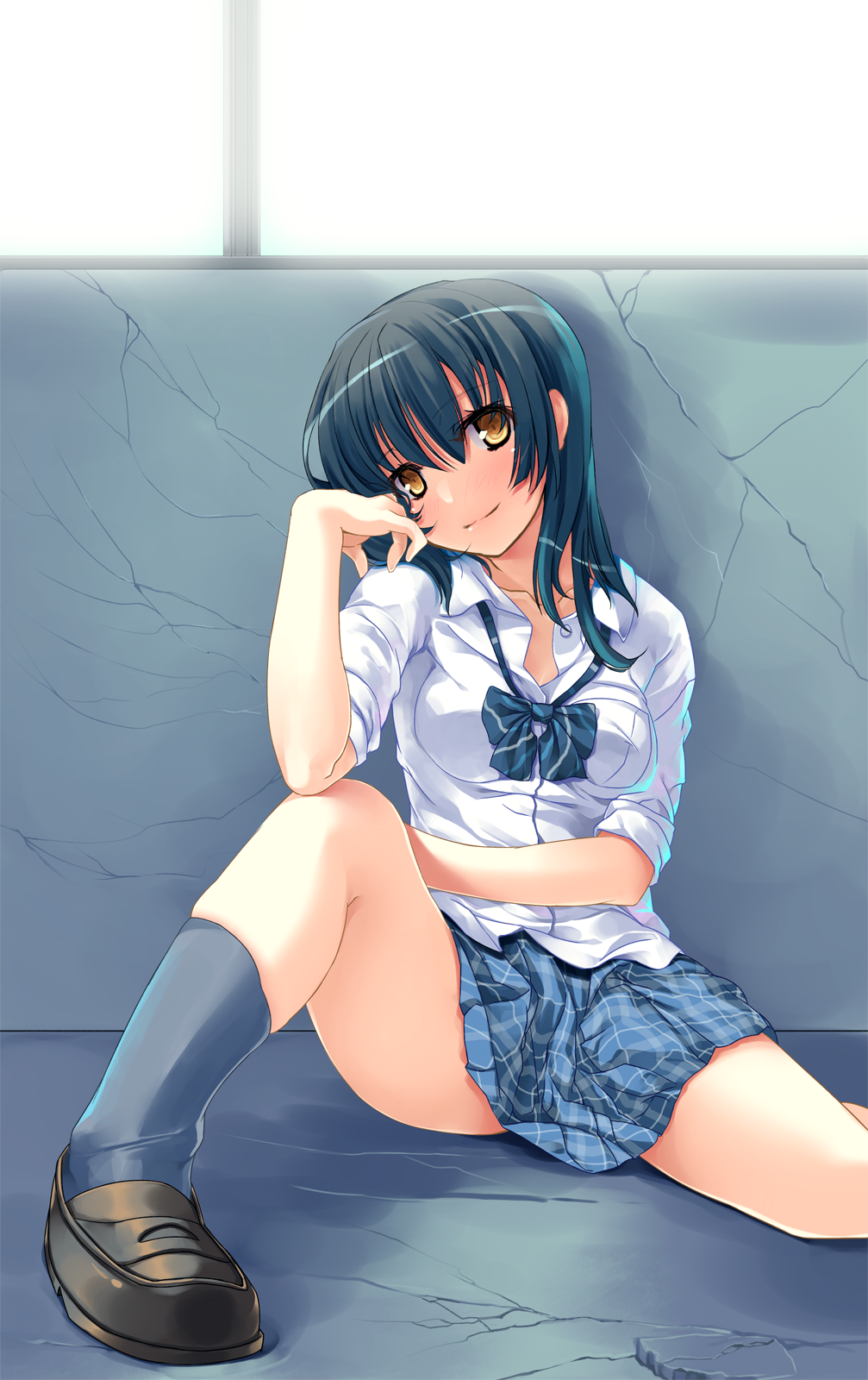 matsukawa (pale scarlet), original, highres, 1girl, black hair, black socks, brown eyes, crack, female focus, green hair, head tilt, legs, long hair, looking at viewer, loose ribbon, open collar, plaid clothes, plaid skirt, school uniform, sitting, skindentation, skirt, smile, socks, solo, spread legs, yellow eyes