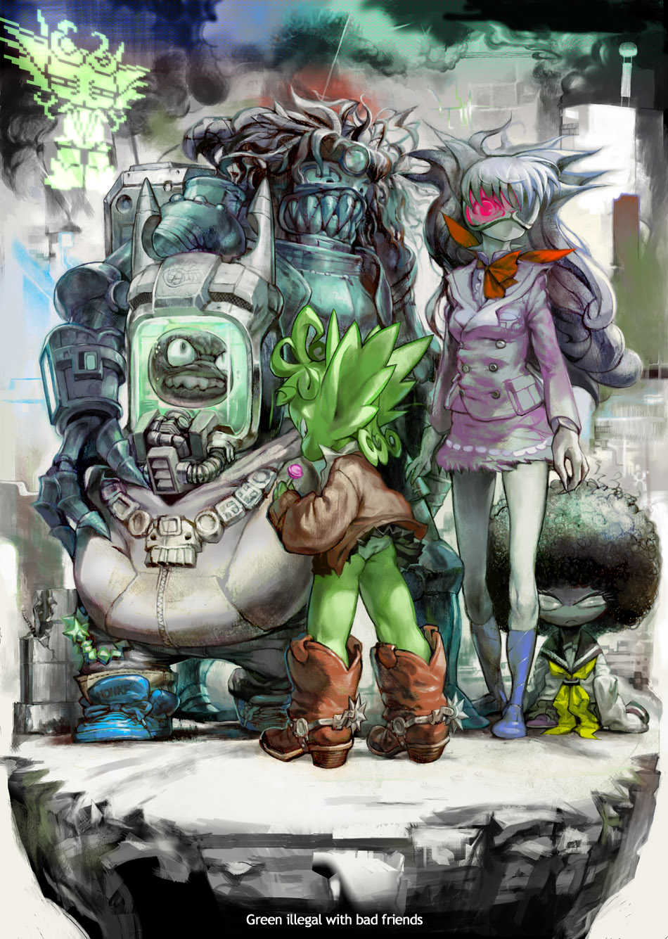 kawaguchi youhei, green illegal, original, highres, afro, boots, candy, cowboy boots, goggles, lollipop, long hair, monster girl, robot, school uniform, skirt