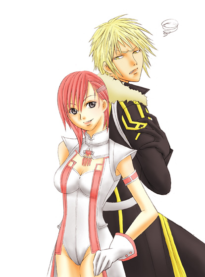 leon, juju, over zenith, fume, 1boy, 1girl, angry, armband, back-to-back, blonde hair, breasts, cleavage, gloves, grey eyes, large breasts, looking back, pink hair, short hair, smile, turtleneck, yellow eyes