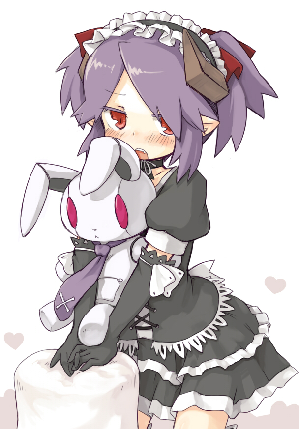 7010, diablos (totomono), acquire, ken to mahou to gakuen mono, ken to mahou to gakuen mono 2, 1girl, blush, child, dress, elbow gloves, female focus, gloves, goth fashion, gothic lolita, horns, lolita fashion, necktie, purple hair, red eyes, solo, stuffed animal, stuffed rabbit, stuffed toy