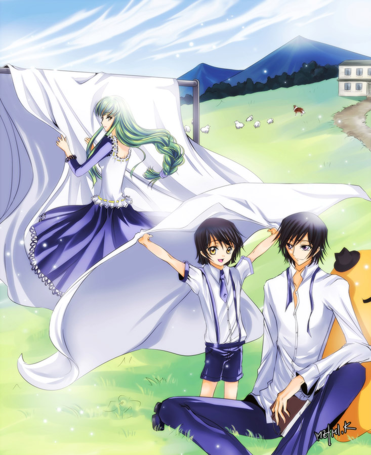 meimi k, c.c., cheese-kun, laclaire, lelouch vi britannia, code geass, pizza hut, 00s, 1girl, 2boys, black hair, braid, clothesline, day, dog, family, green hair, if they mated, laundry, long hair, low-tied long hair, mountain, multiple boys, purple eyes, sheep, short hair, single braid, sky, yellow eyes